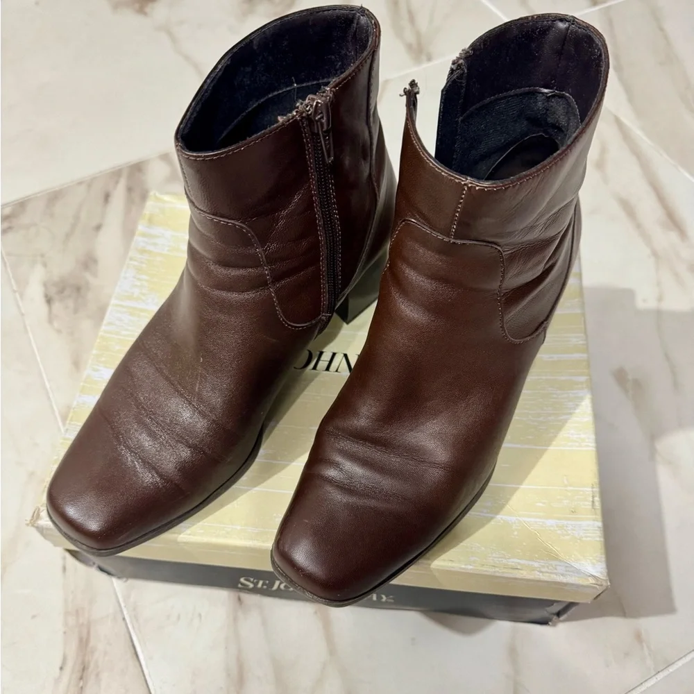 Dark Brown Genuine Leather Ankle Boots Block Heel Size 9M